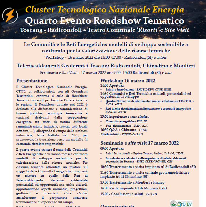 Roadshow CTNE – Comunità e Reti Energetiche a confronto – 16-17 marzo 2022 Workshop e Site Visit