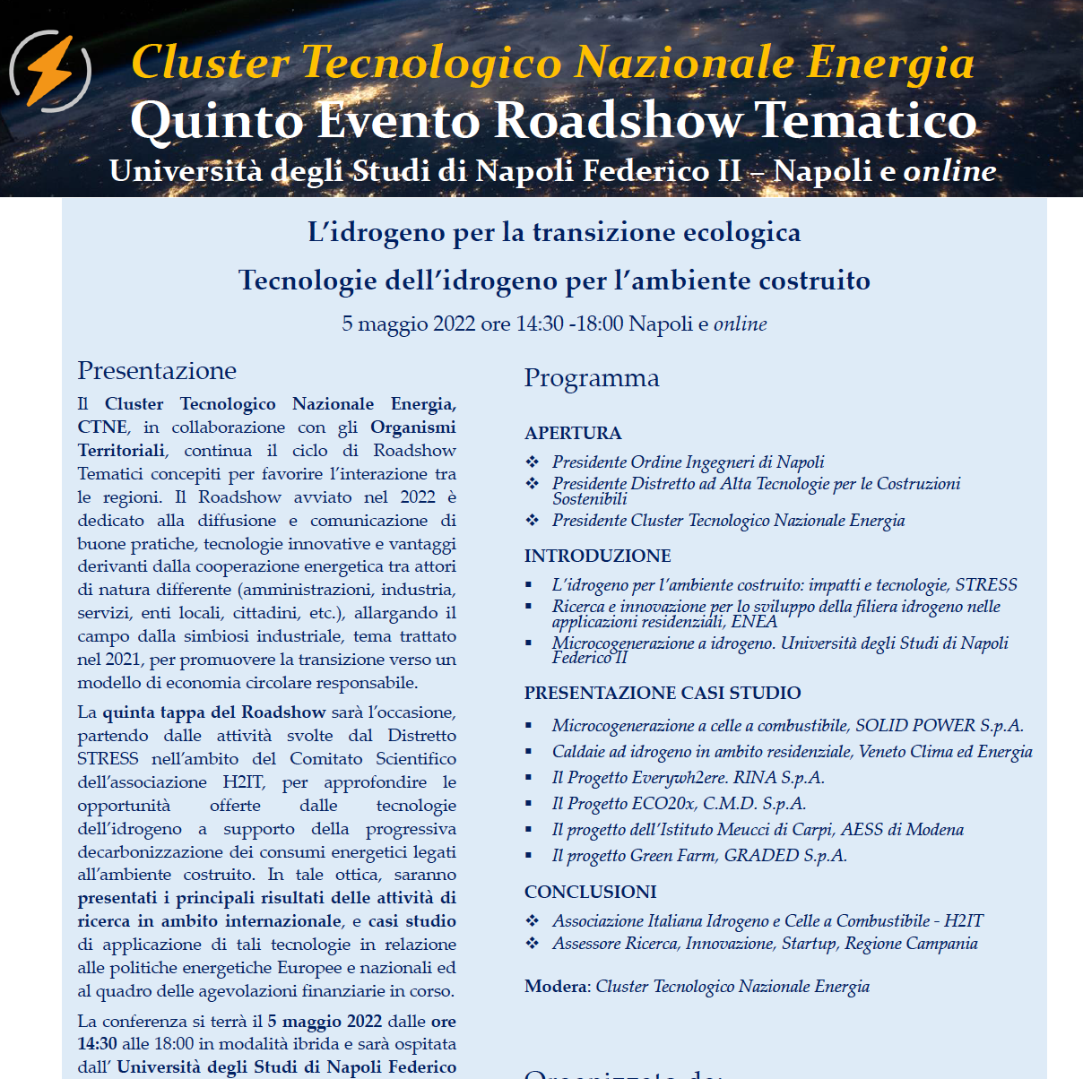 Roadshow CTNE – Tecnologie dell’idrogeno per l’ambiente costruito – 5 maggio 2022 Napoli e online