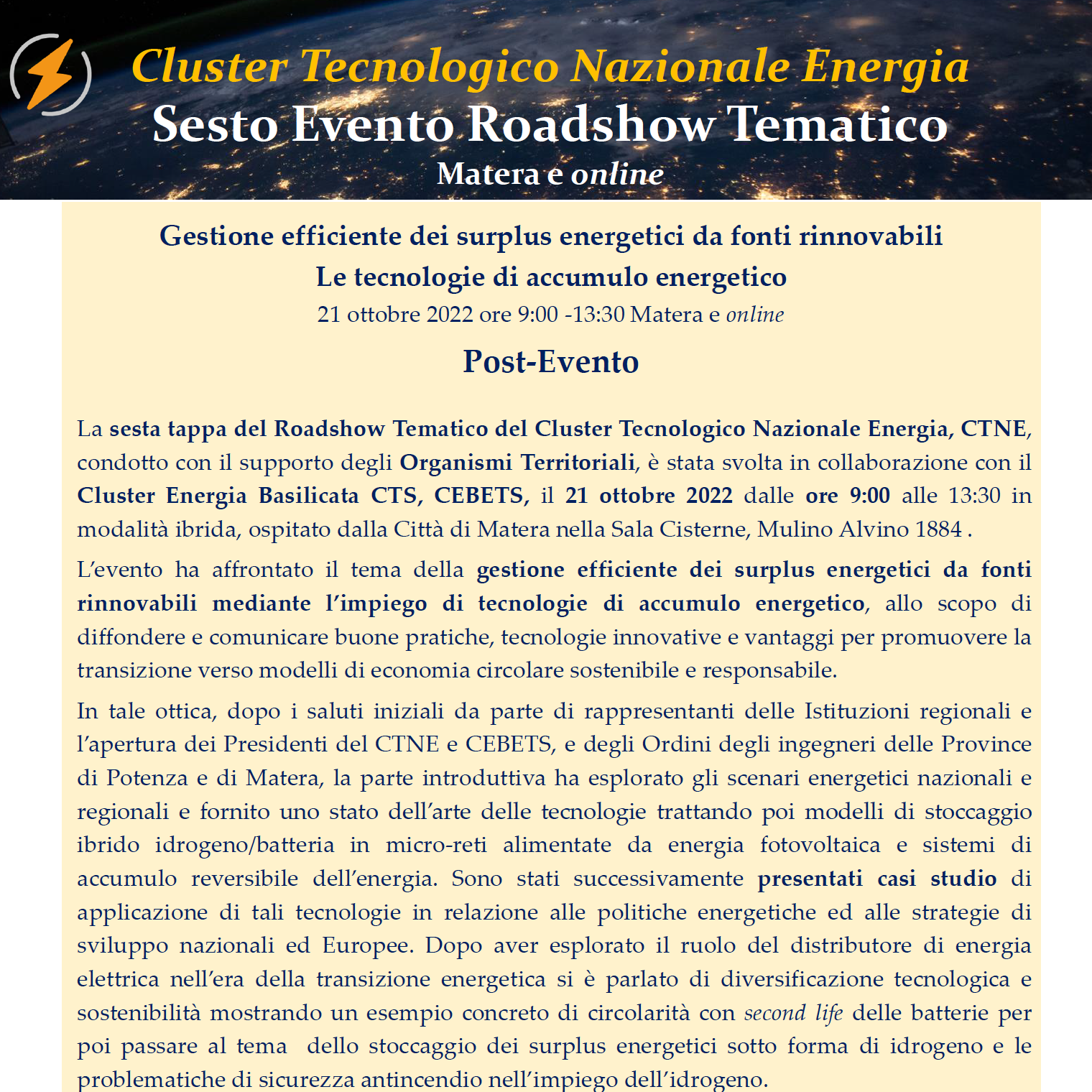 Follow up evento CTNE ‘Le tecnologie di accumulo energetico’ del 21 ottobre 2022