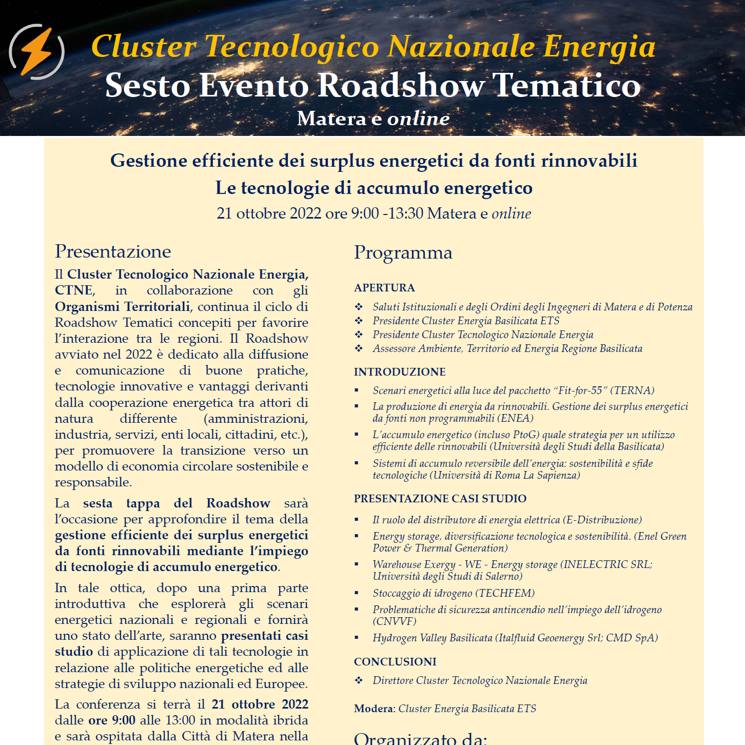 Roadshow CTNE – Le tecnologie di accumulo energetico – 21 ottobre 2022 Matera e online