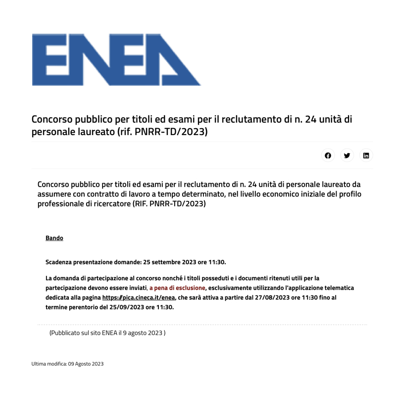 Bando ENEA per reclutamento di n. 24 unità di personale laureato – Scadenza 25 settembre 2023